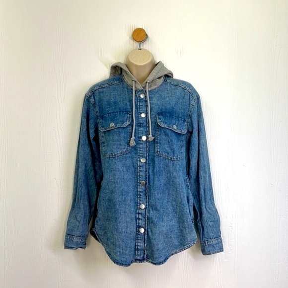 H&M - Stonewash Button Down Grey Hooded With Pockets Long Jean Shirt Size XXS - Picture 2 of 11